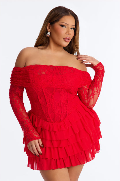Elsie Ruffle Lace Mini Dress - Red