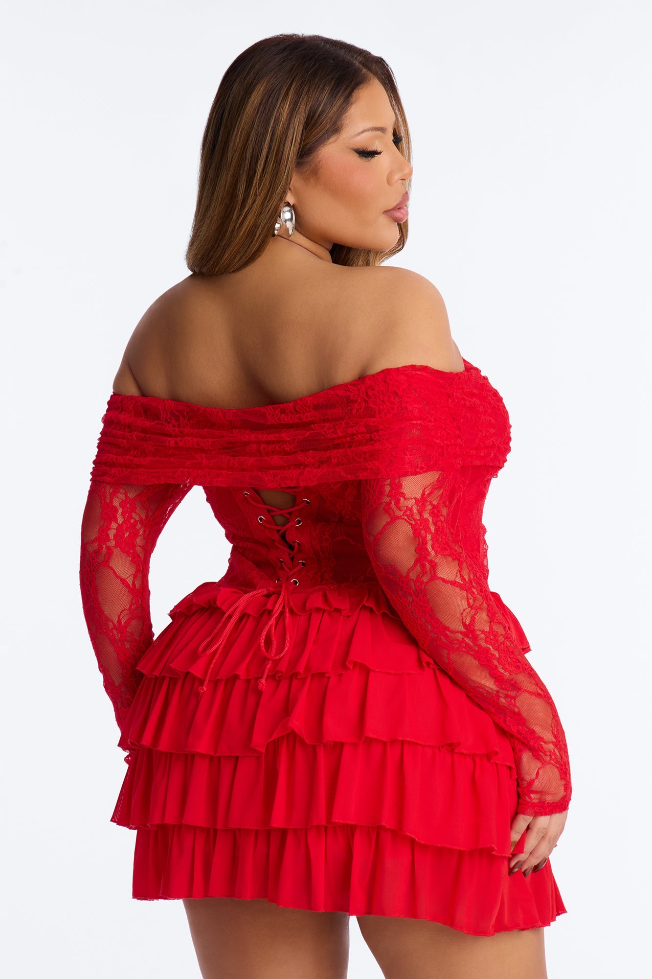 Elsie Ruffle Lace Mini Dress - Red