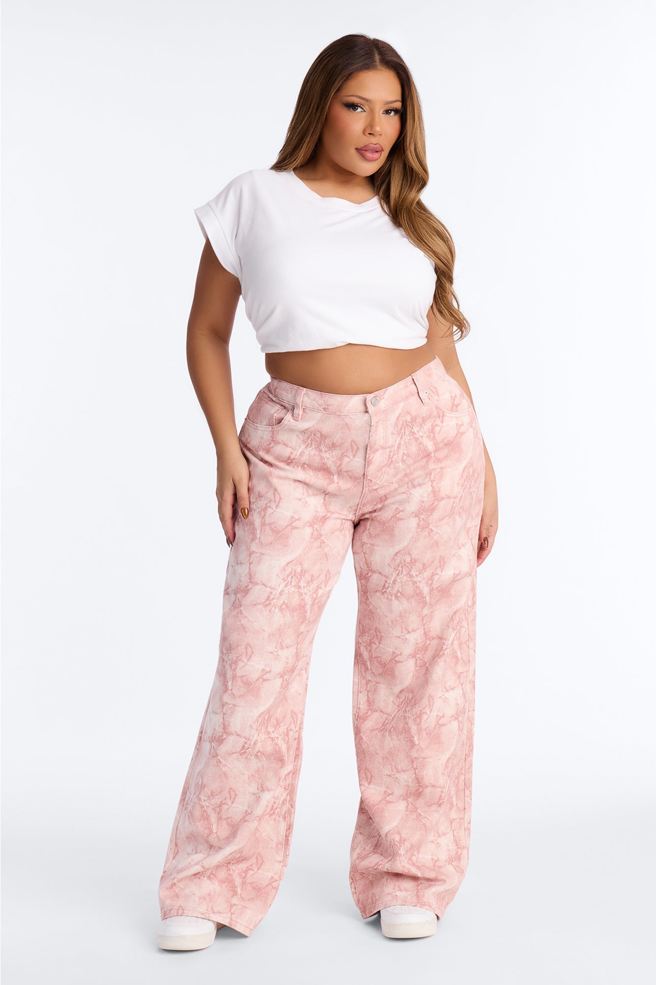 Learn To Love Printed Wide Leg Jeans - Pink/combo
