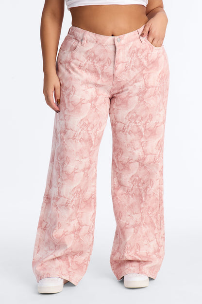Learn To Love Printed Wide Leg Jeans - Pink/combo