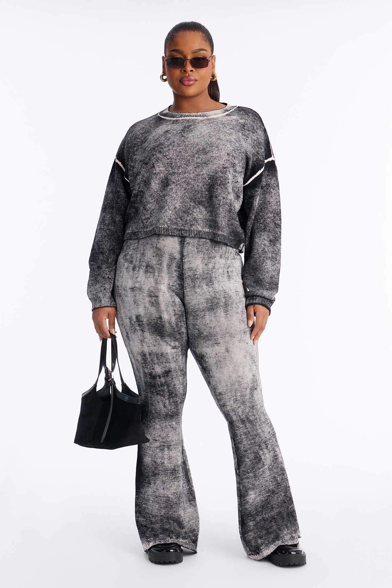 Out Of This World Washed Sweater Wide Leg Pant Set - Black