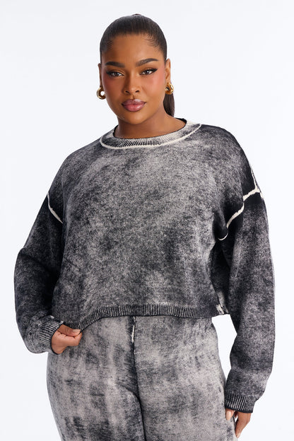 Out Of This World Washed Sweater Wide Leg Pant Set - Black