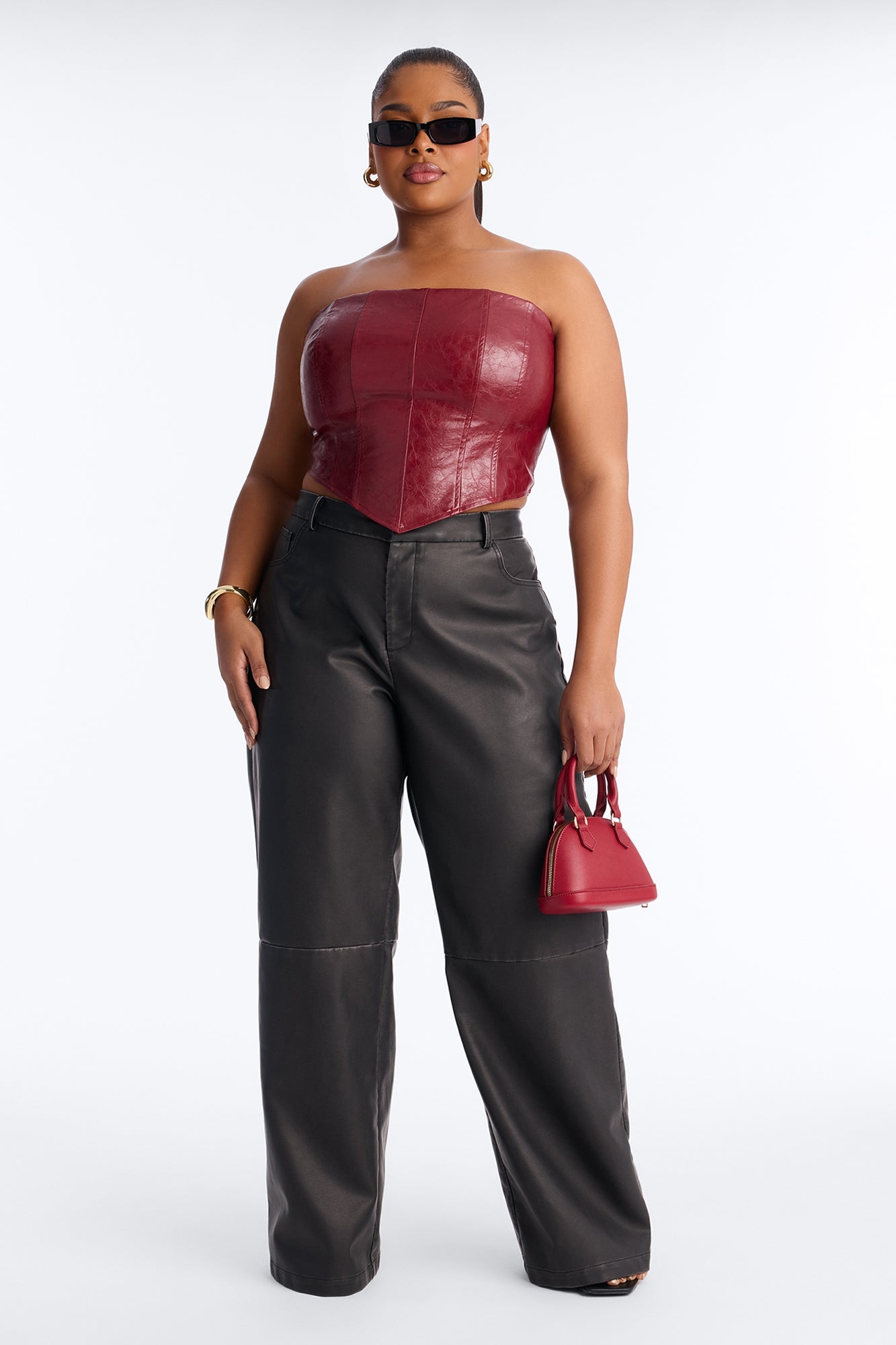 Double Down Faux Leather Wide Leg Pant 33″ - Black