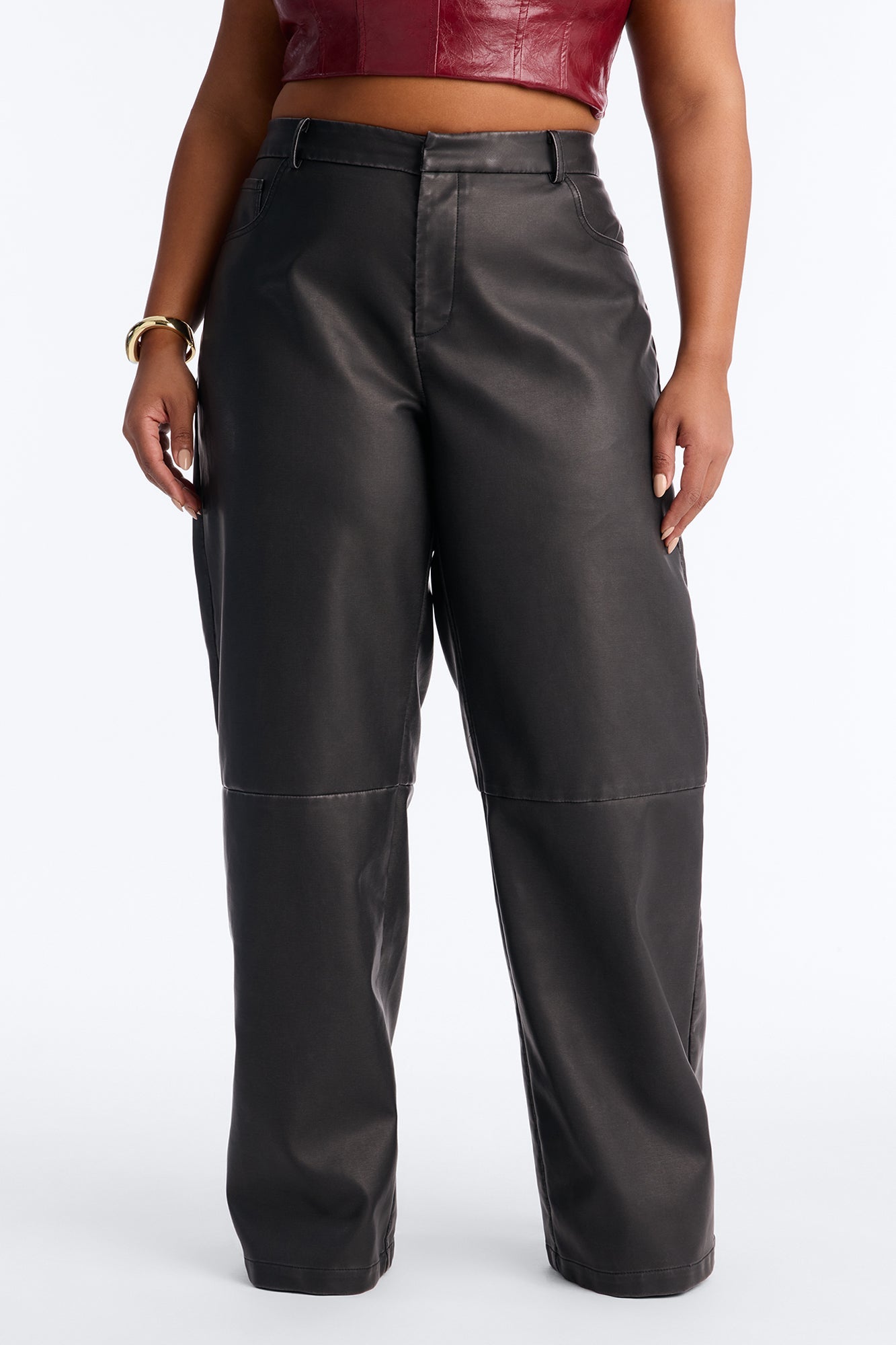 Double Down Faux Leather Wide Leg Pant 33″ - Black