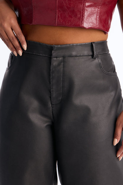 Double Down Faux Leather Wide Leg Pant 33″ - Black