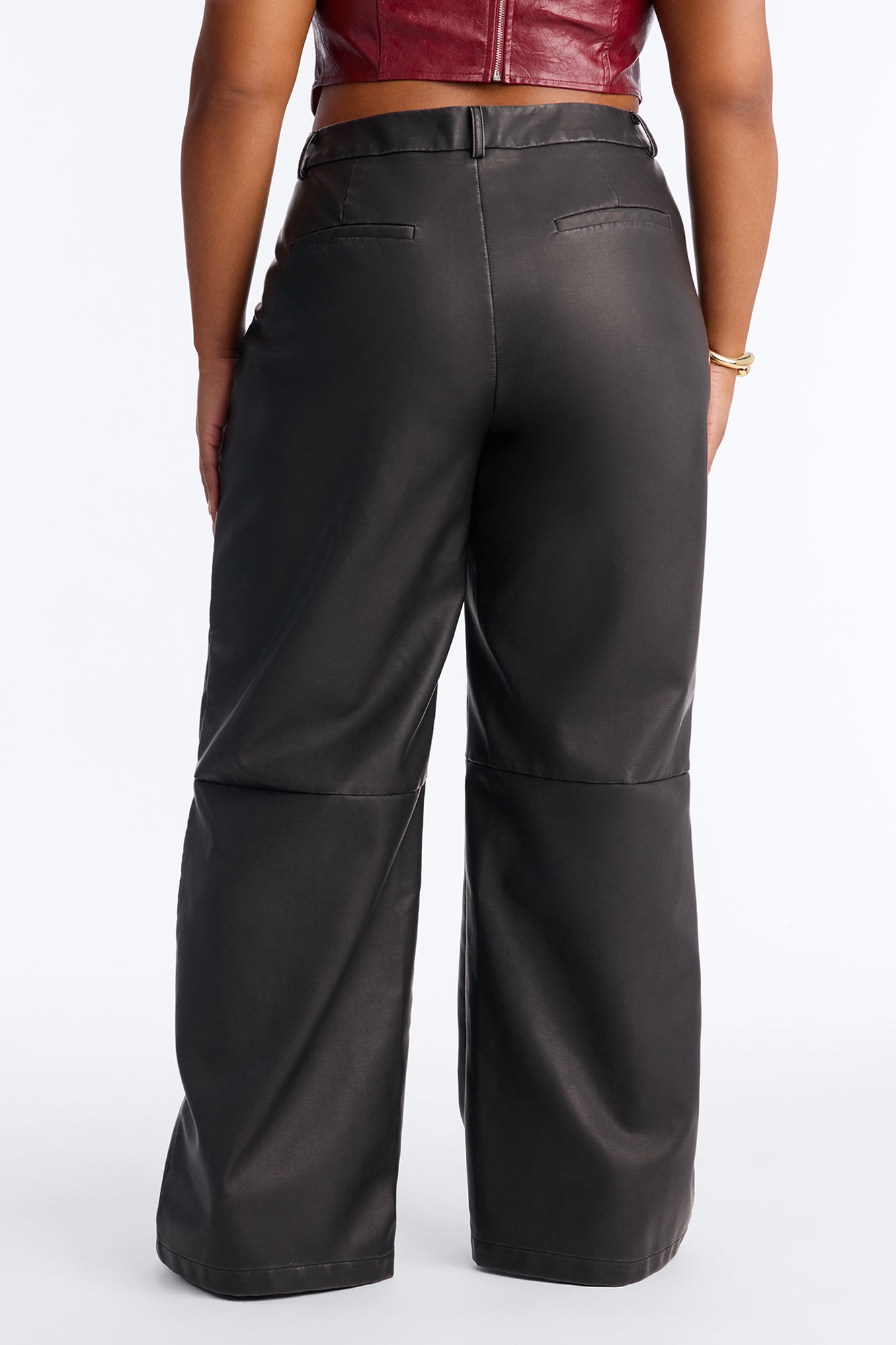 Double Down Faux Leather Wide Leg Pant 33″ - Black