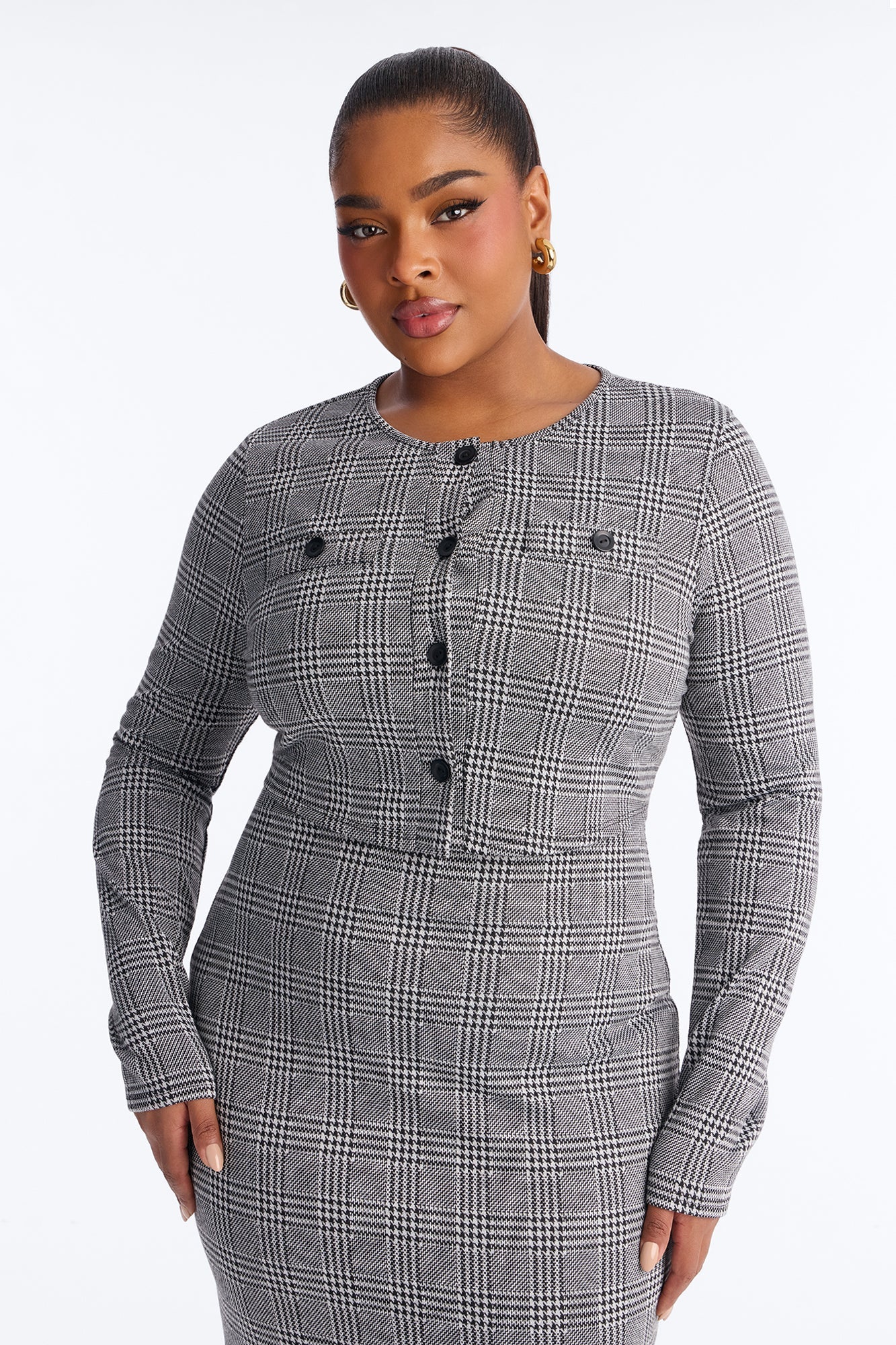 Jaelyn Houndstooth Midi 2 Piece Dress Set - Black/White