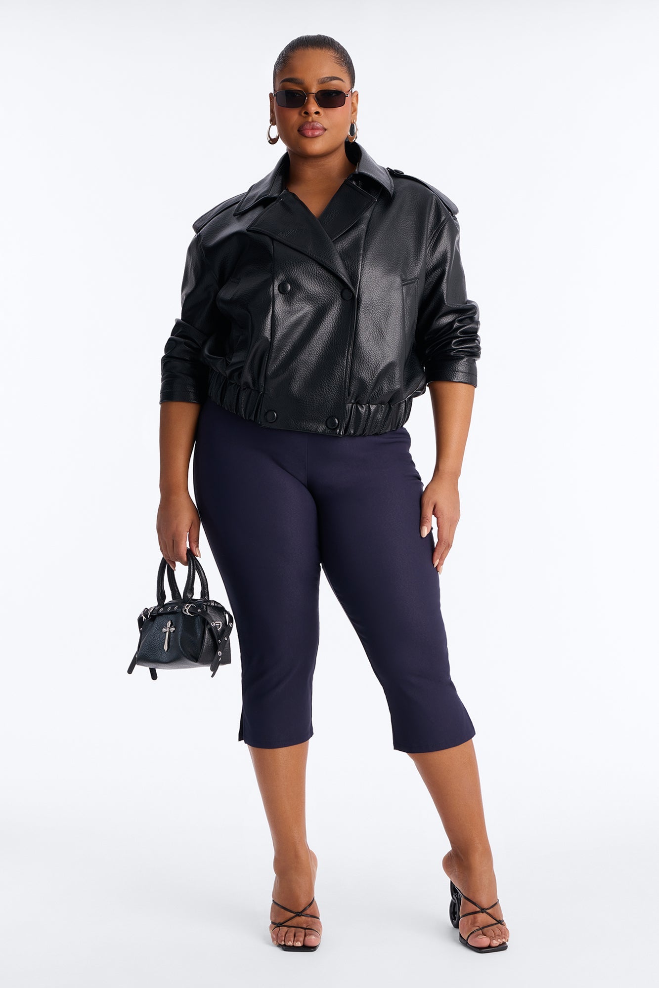 Adrienne Double Breasted Faux Leather Jacket - Black