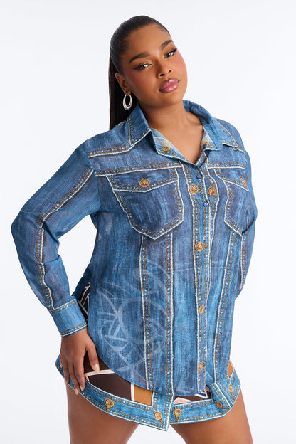 Dharva Denim Print Skirt Set - Blue/combo