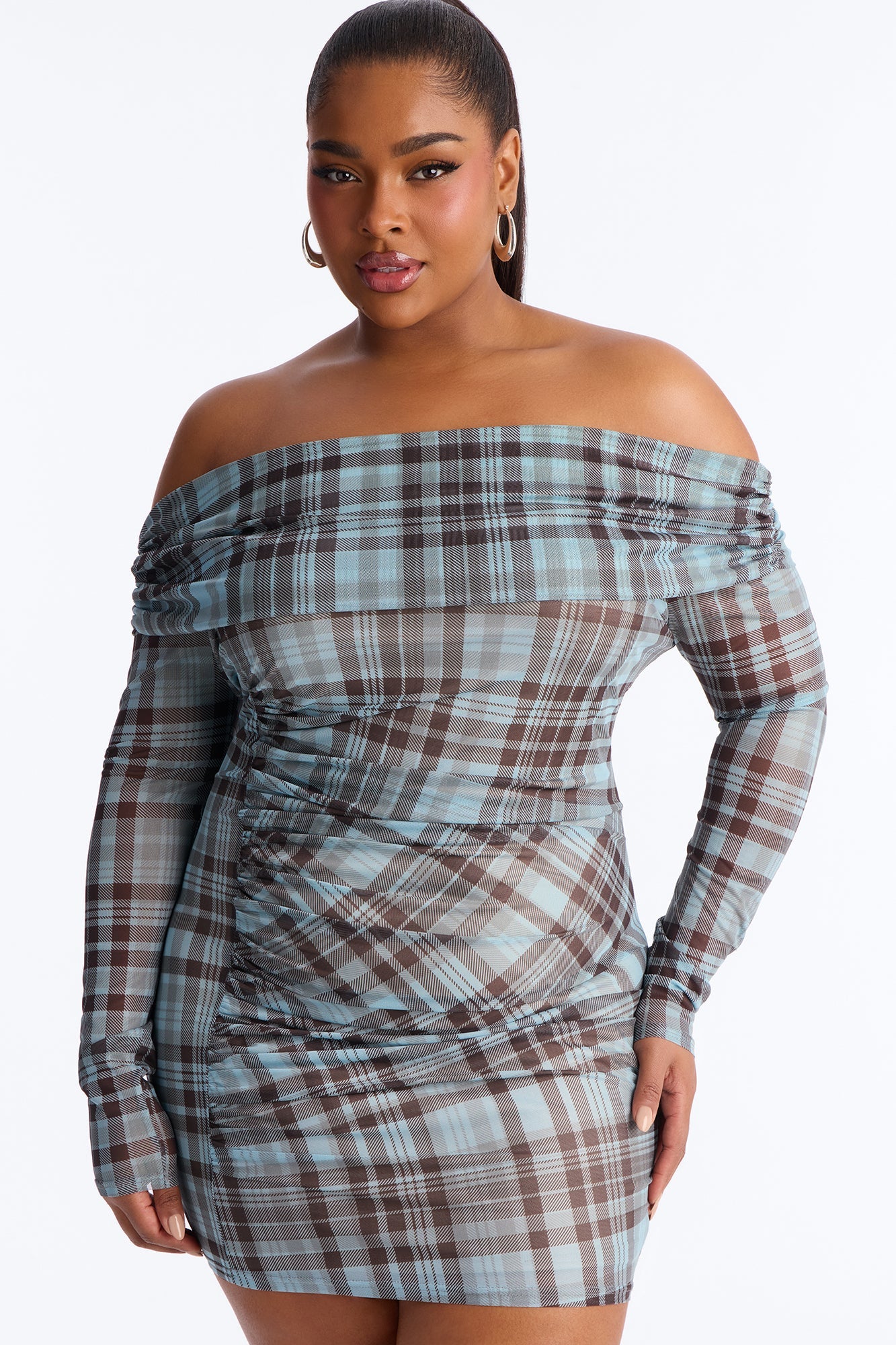 Kelsea Off Shoulder Plaid Mesh Mini Dress - Blue/combo