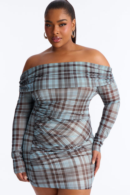 Kelsea Off Shoulder Plaid Mesh Mini Dress - Blue/combo