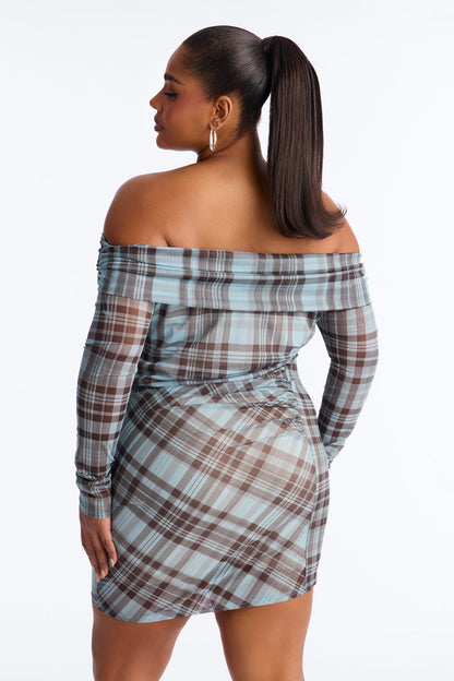 Kelsea Off Shoulder Plaid Mesh Mini Dress - Blue/combo