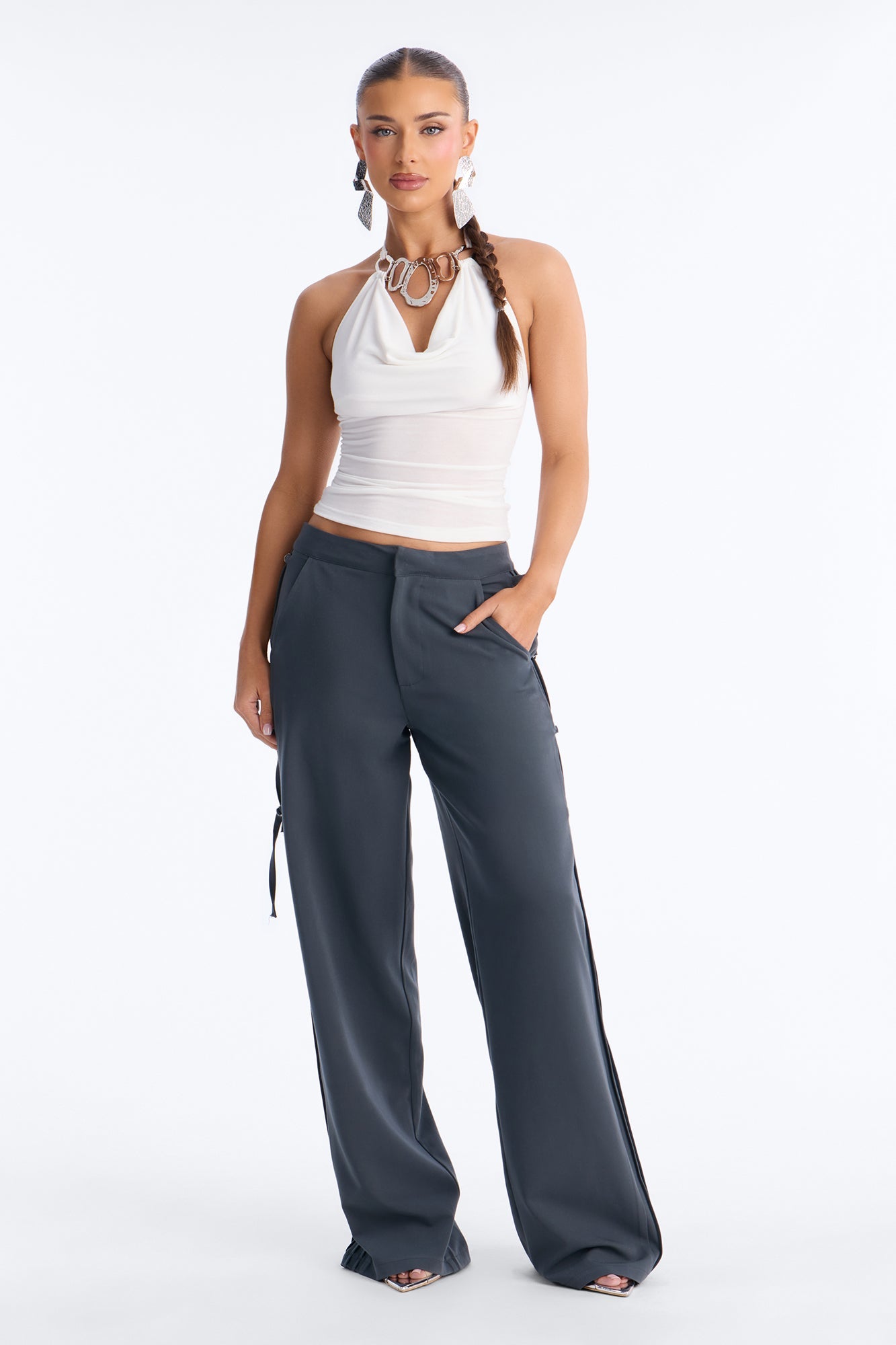 Alessandra Trouser Side Tab Detail Pant 33″ - Charcoal