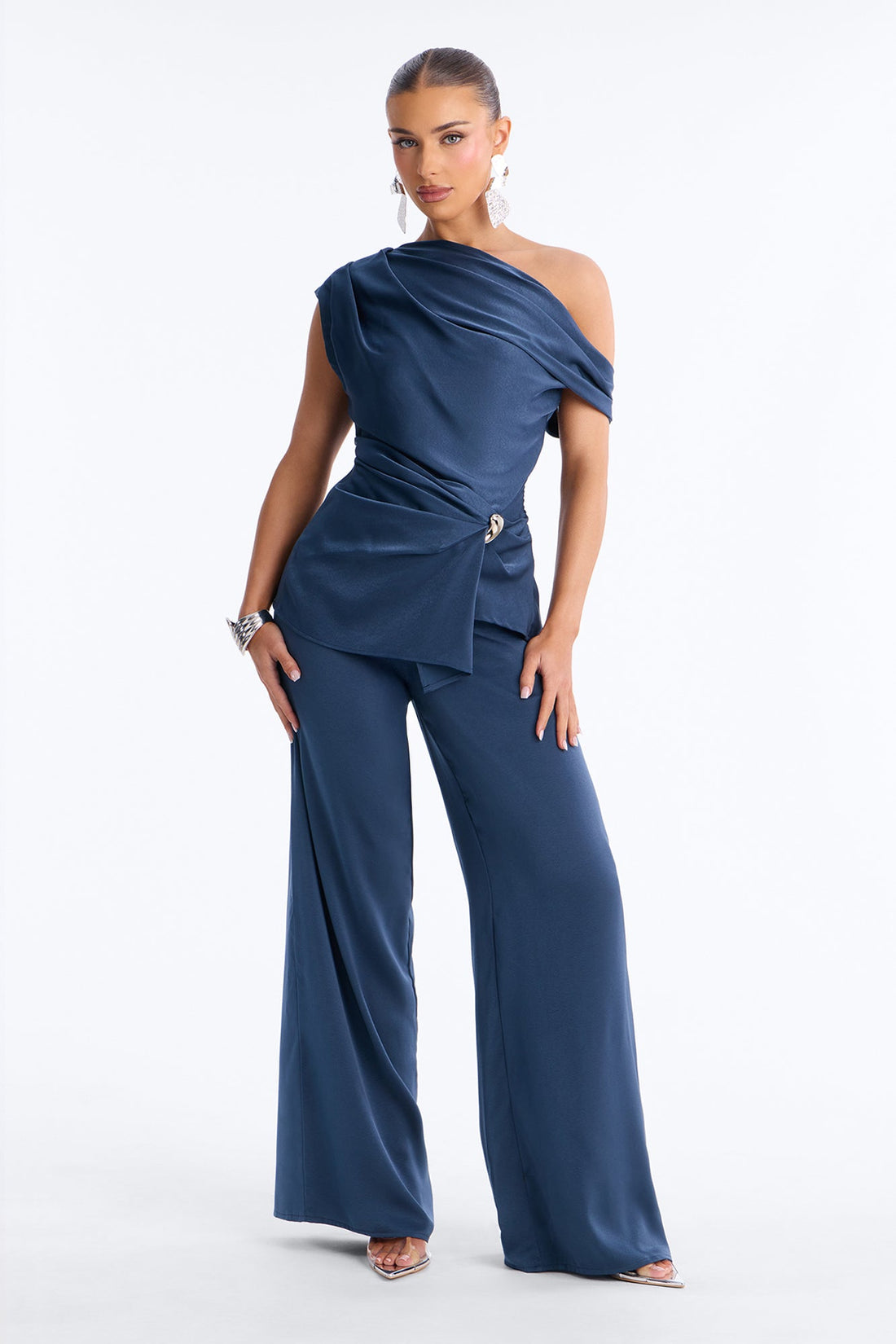 Scarlett Satin Off Shoulder Pant Set - Blue