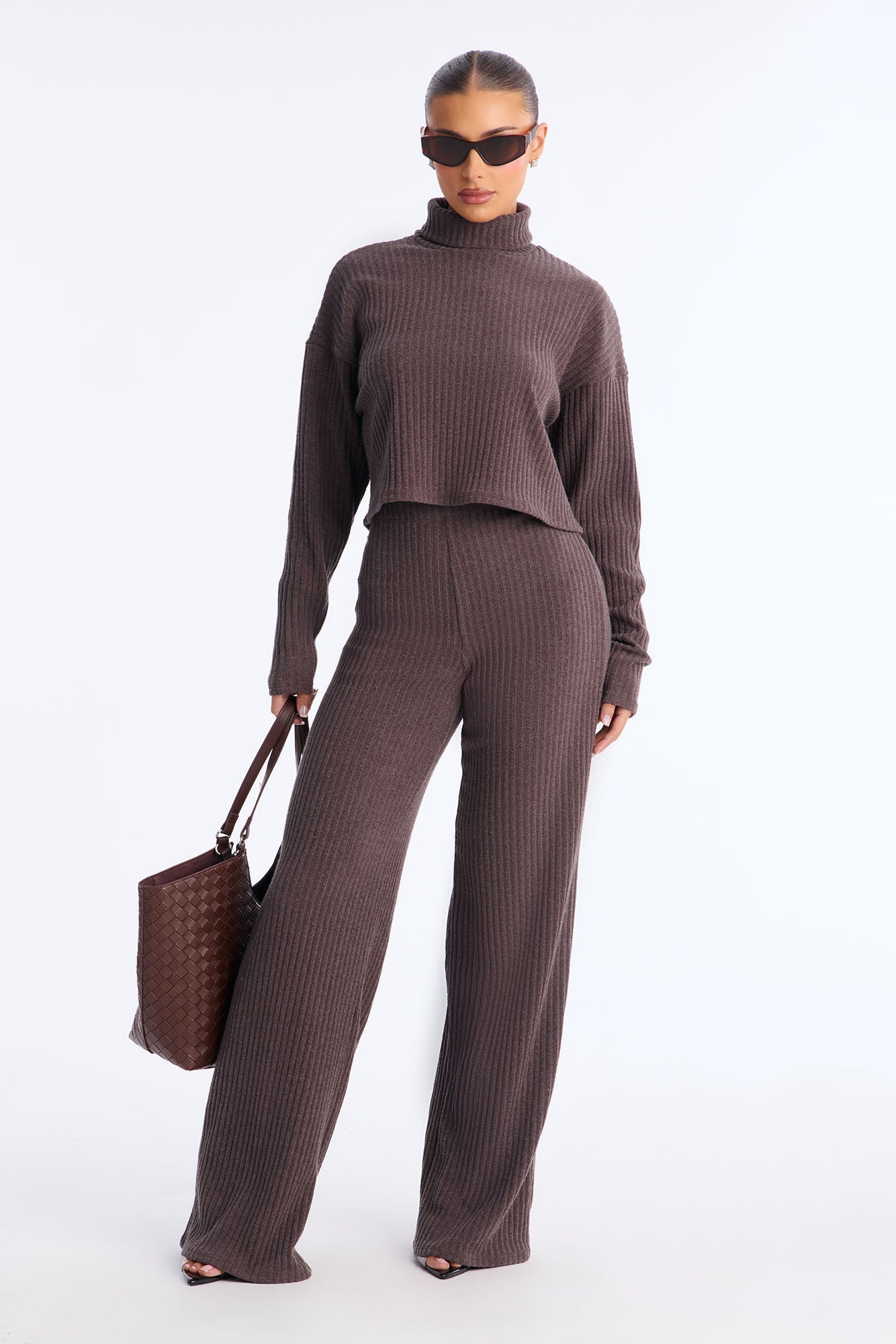 Melissa Ribbed Turtleneck Pant Set - Brown