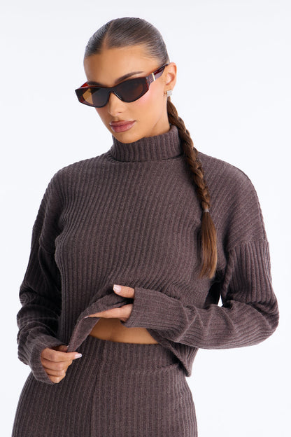 Melissa Ribbed Turtleneck Pant Set - Brown
