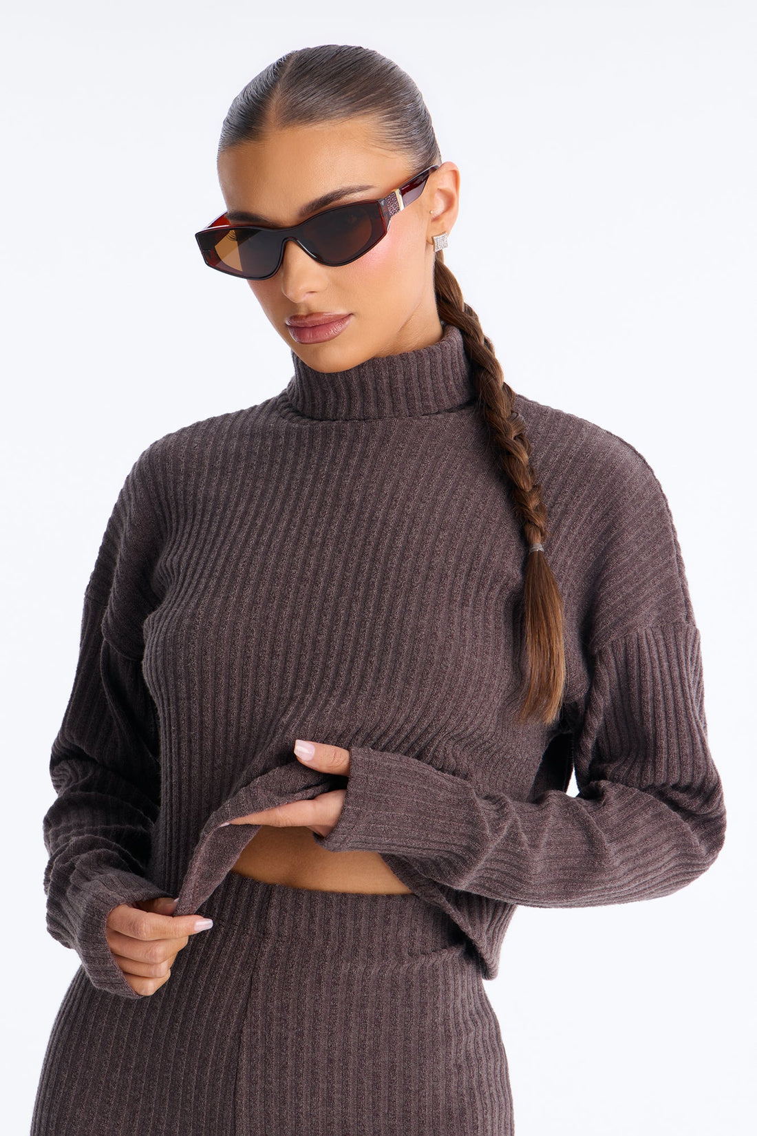 Melissa Ribbed Turtleneck Pant Set - Brown