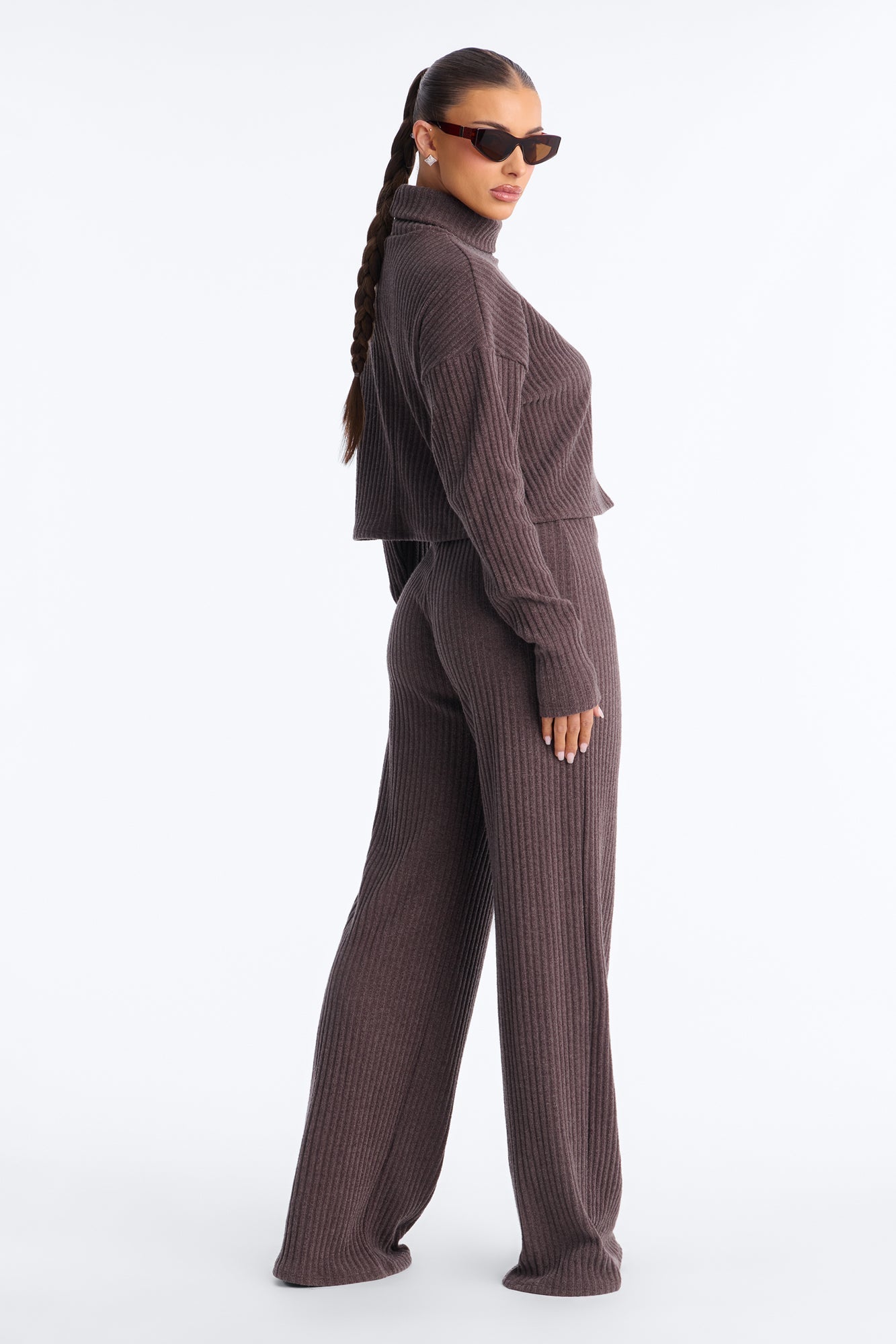 Melissa Ribbed Turtleneck Pant Set - Brown