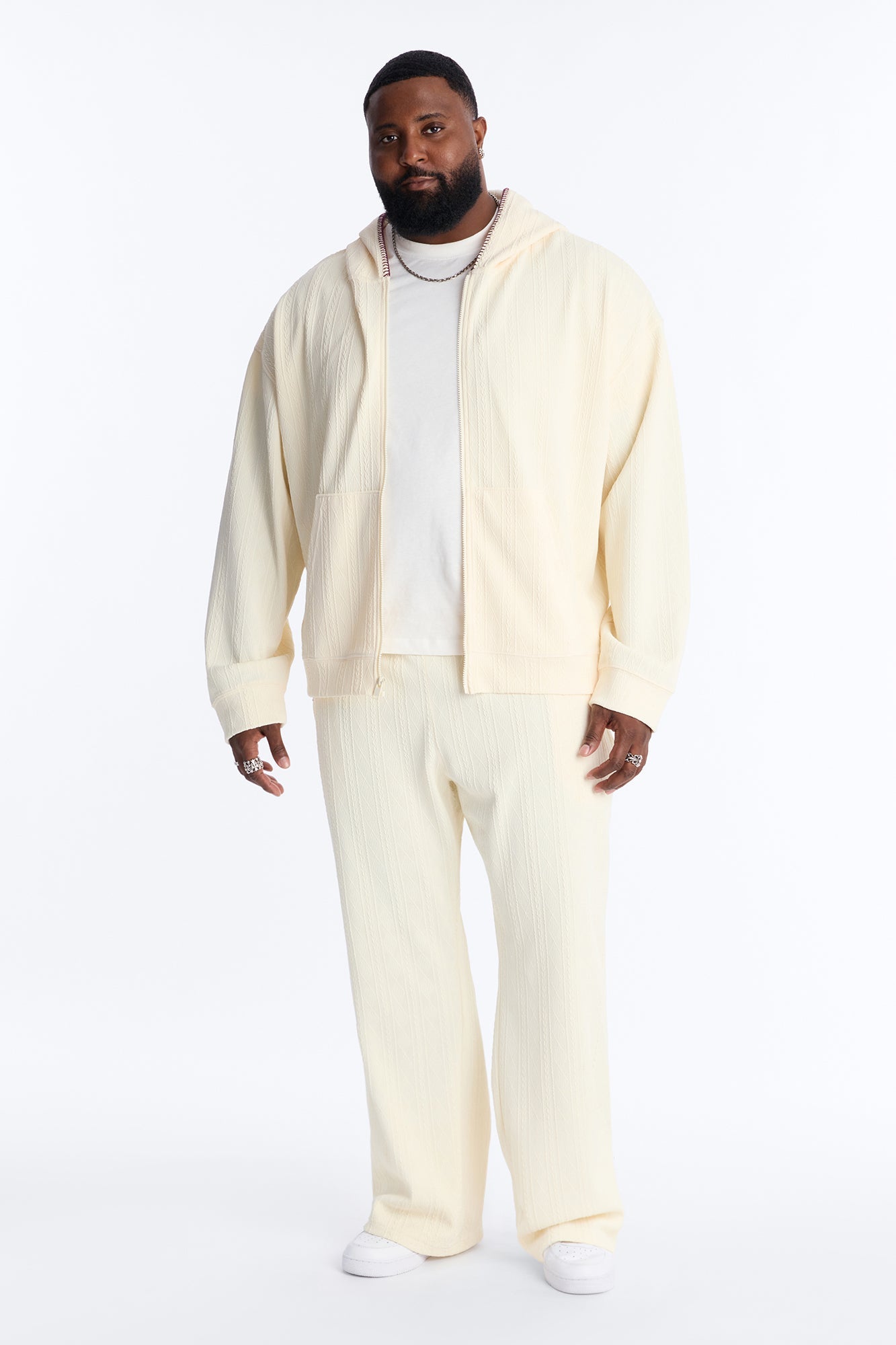 Cable Knit Textured Stitched Hooded Jacket - Cream