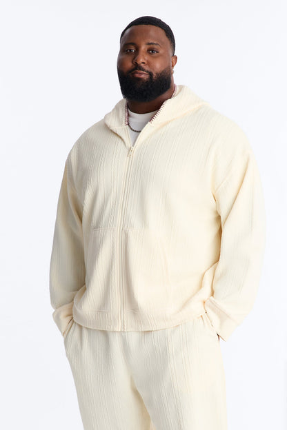 Cable Knit Textured Stitched Hooded Jacket - Cream