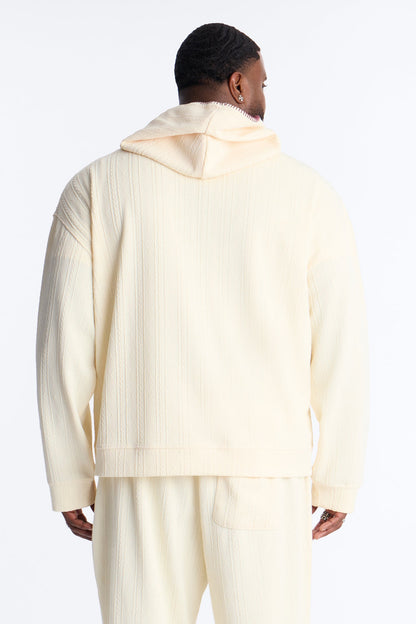Cable Knit Textured Stitched Hooded Jacket - Cream