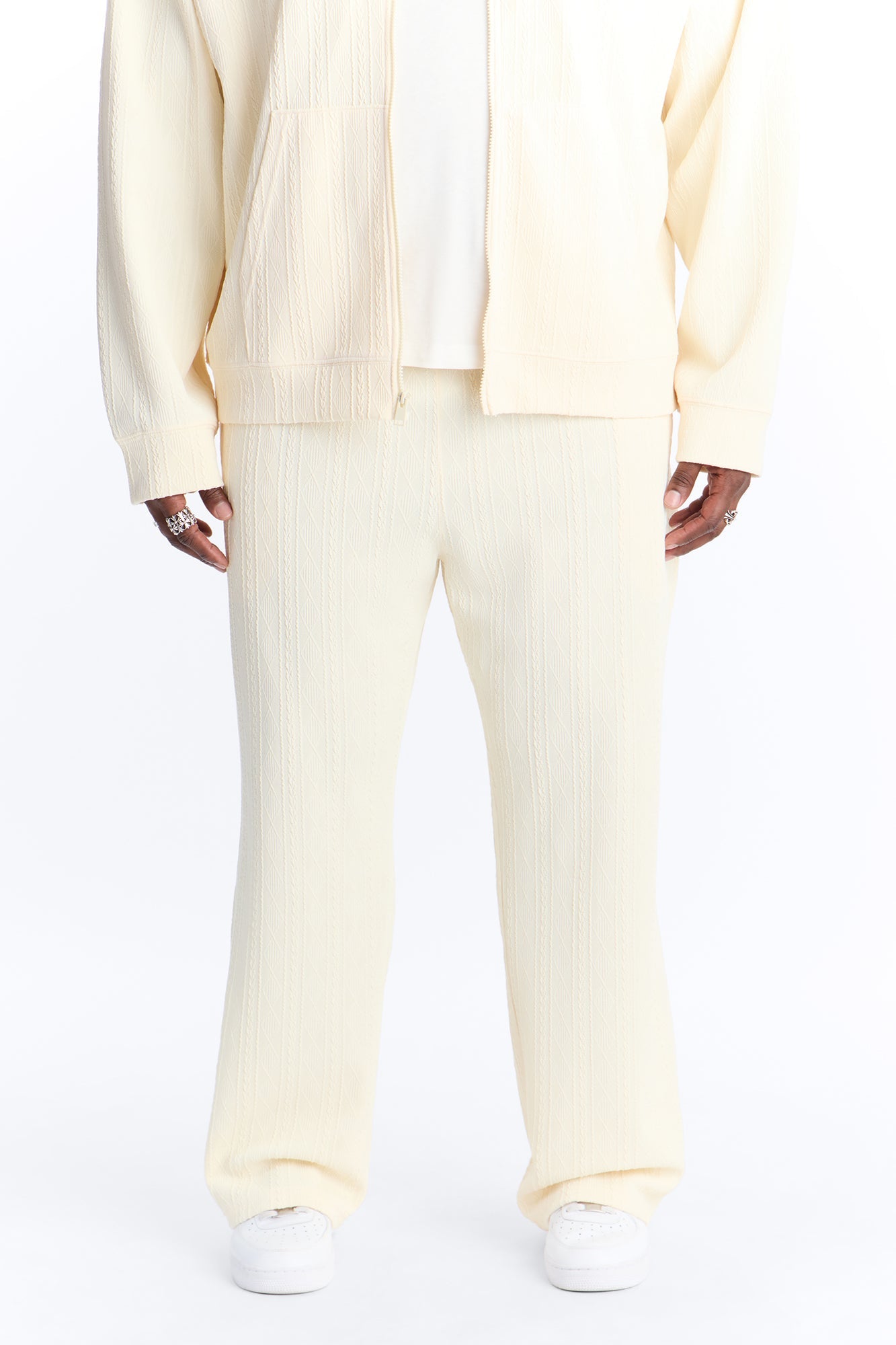 Straight Cable Knit Textured Stitched Pant - Cream