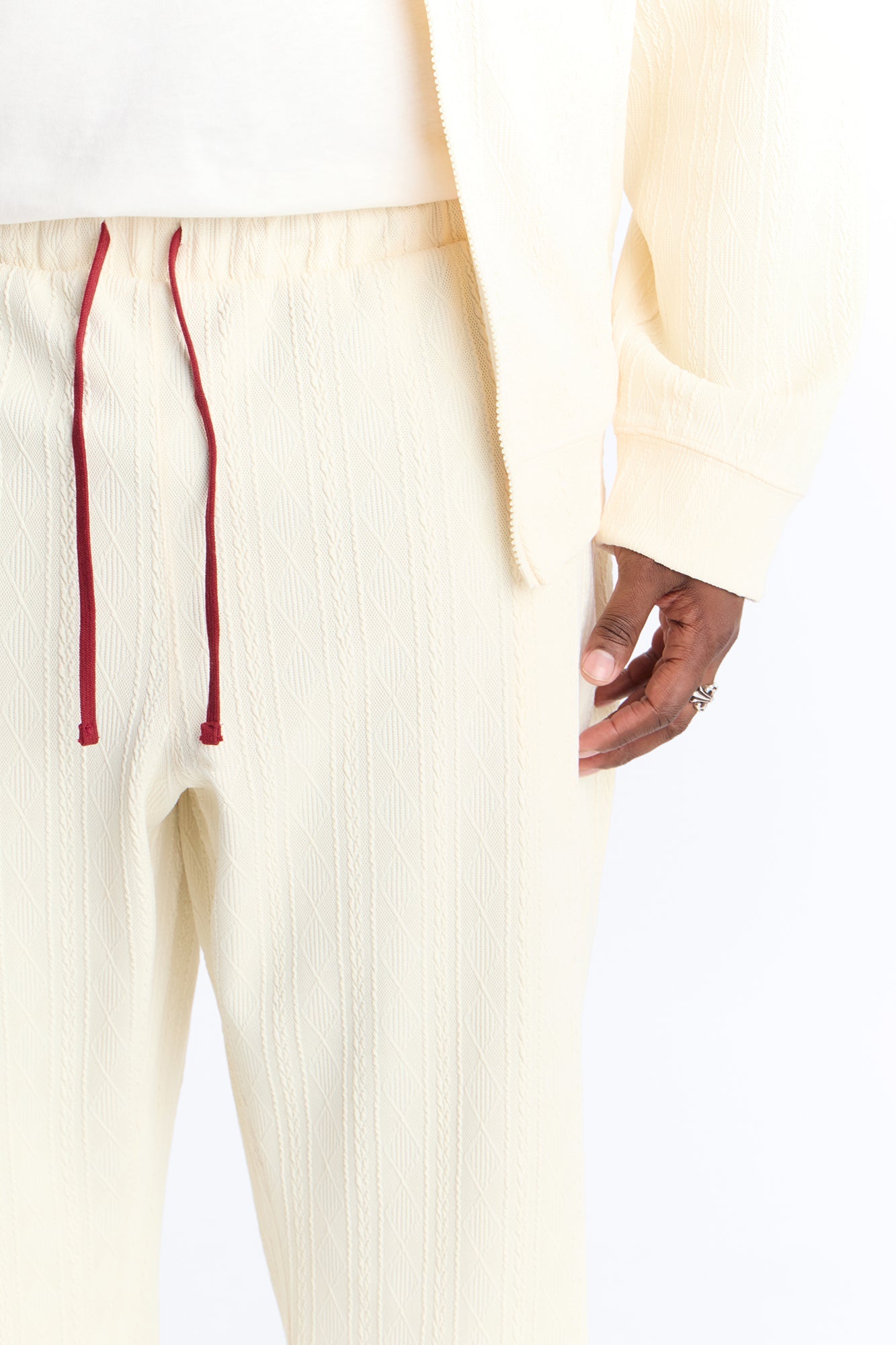 Straight Cable Knit Textured Stitched Pant - Cream
