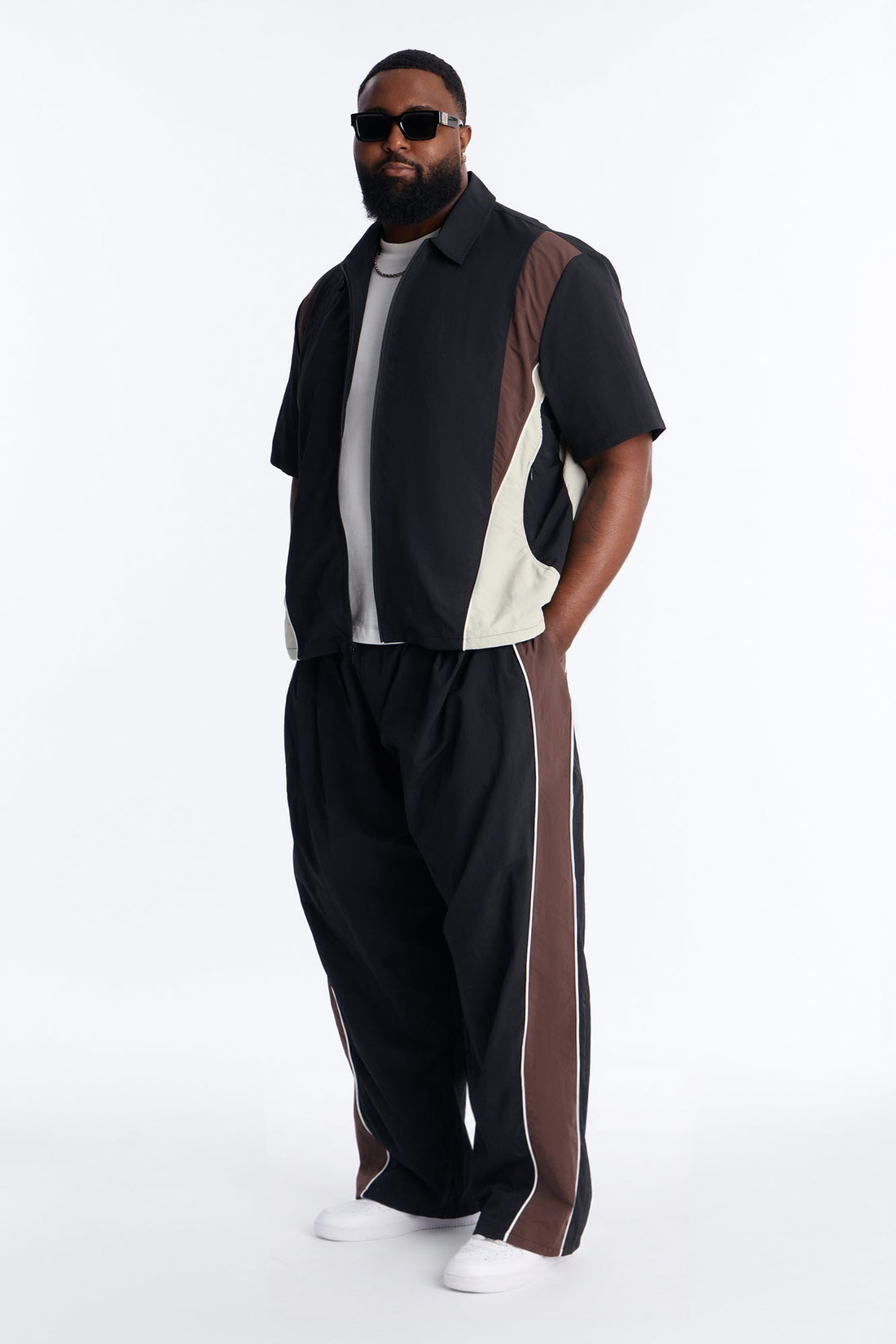 Relaxed Osaka Block Zip Up Shirt - Black/Brown