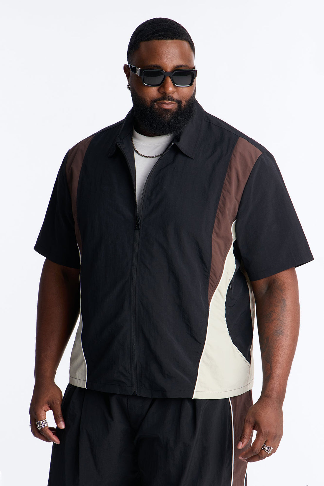 Relaxed Osaka Block Zip Up Shirt - Black/Brown