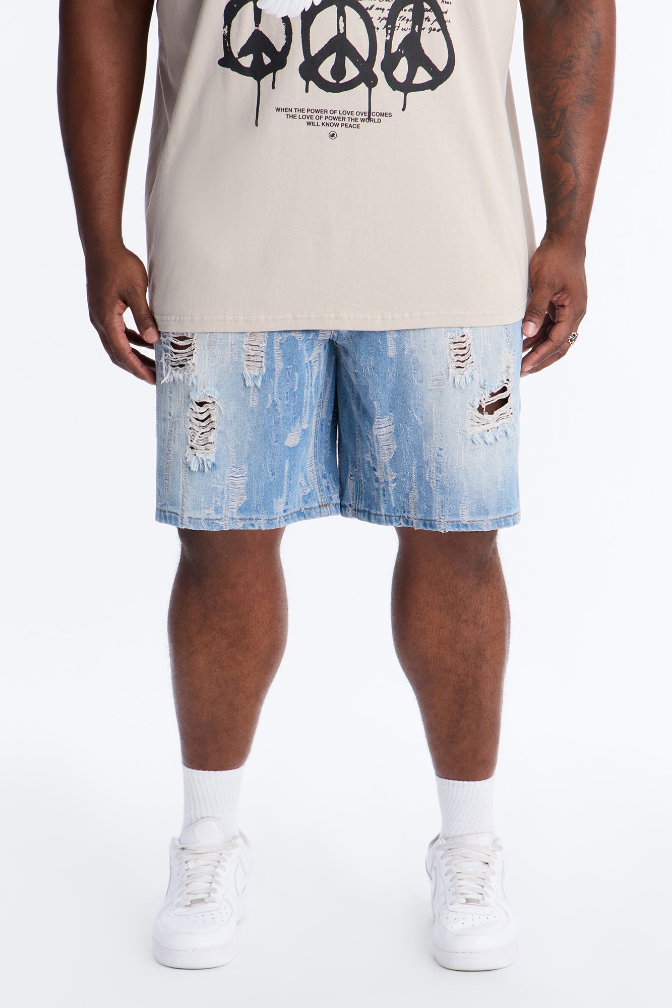 Relaxed All Over Distressed Denim Short - Medium Wash