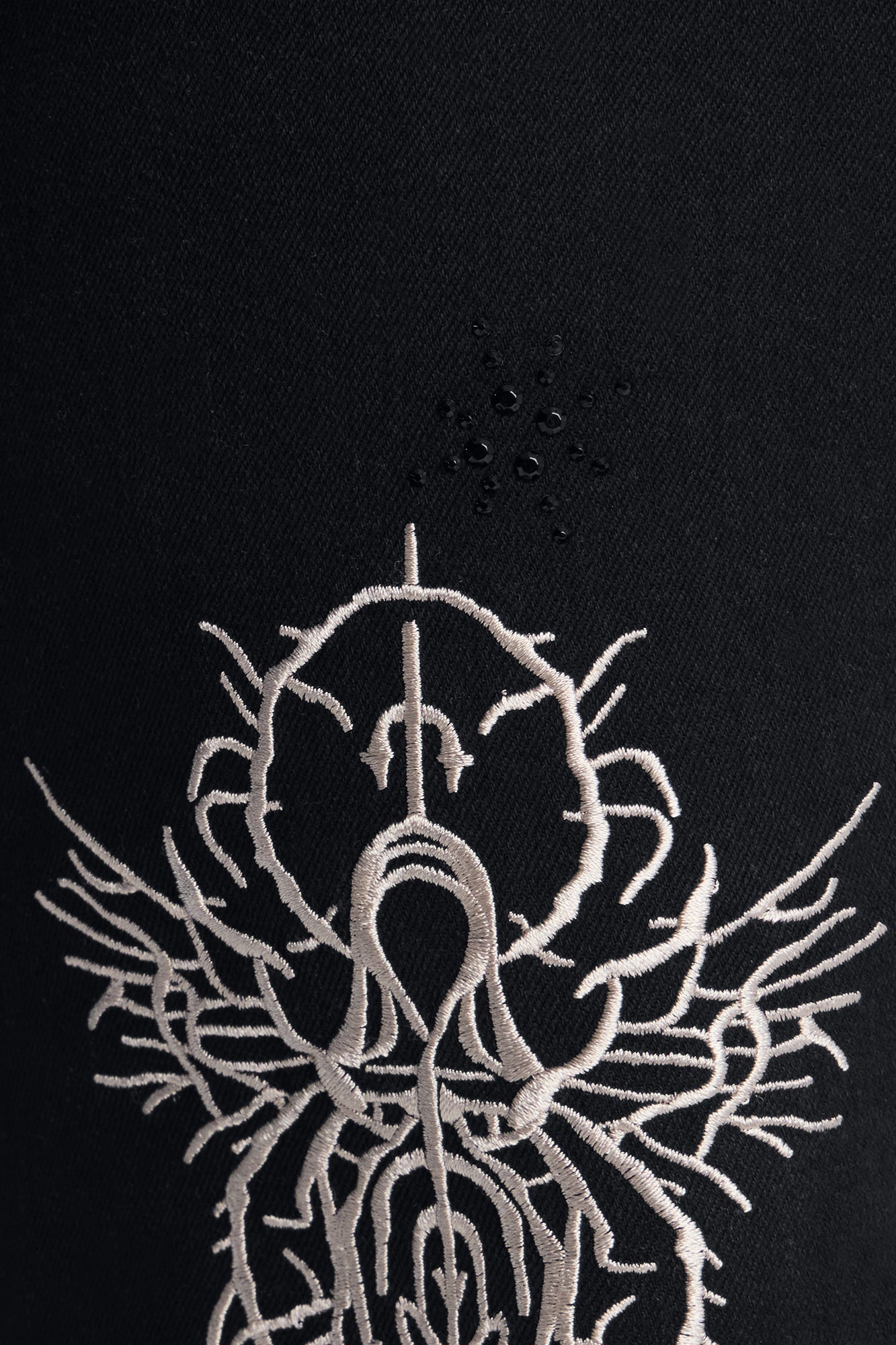 Stacked Skinny Flare Embroidered Saint Jeweled Jean - Black