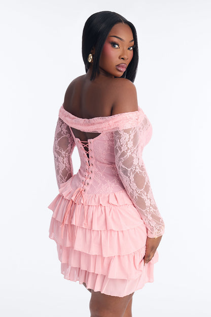 Elsie Ruffle Lace Mini Dress - Pink