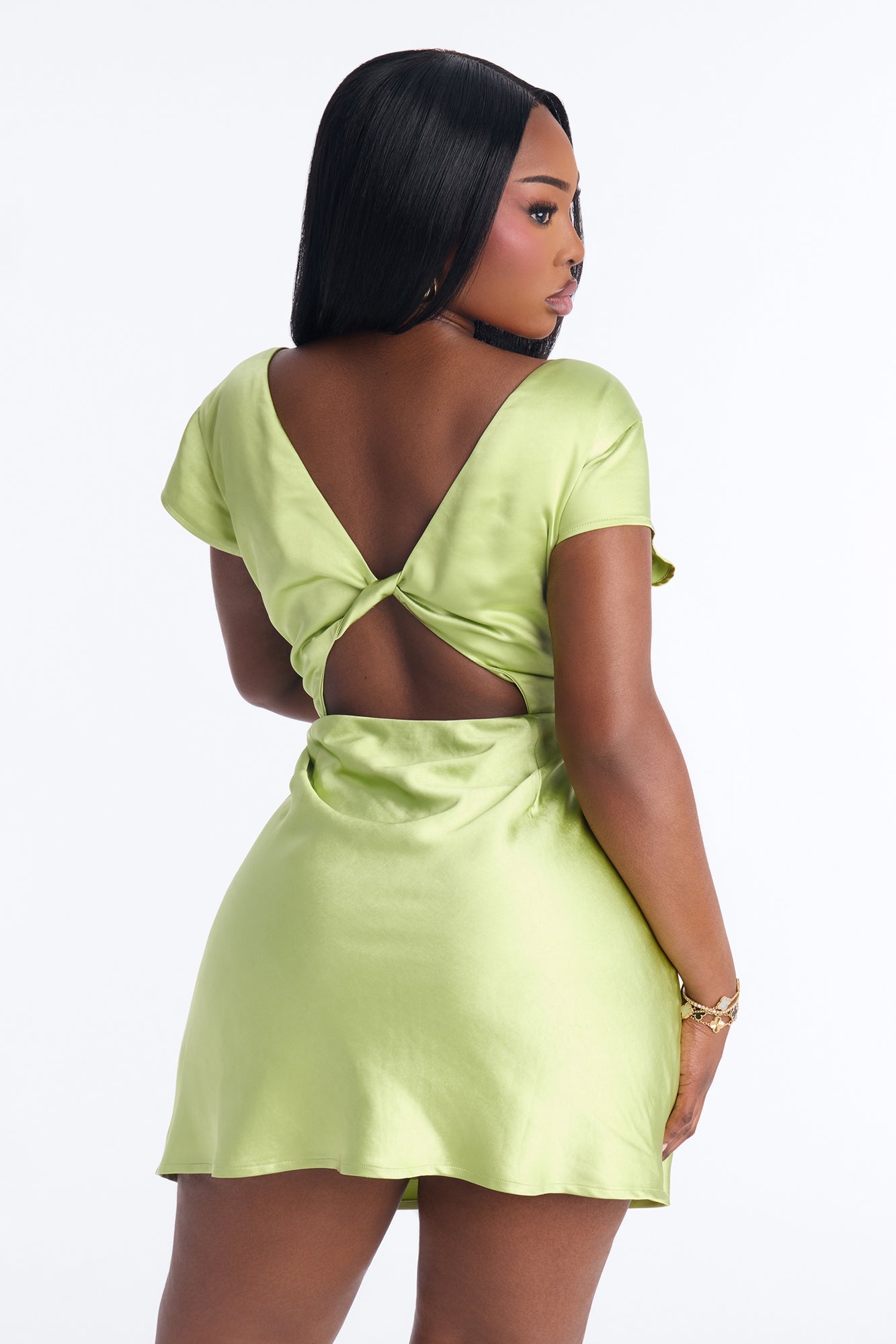Annabel Short Sleeve Satin Mini Dress - Chartreuse