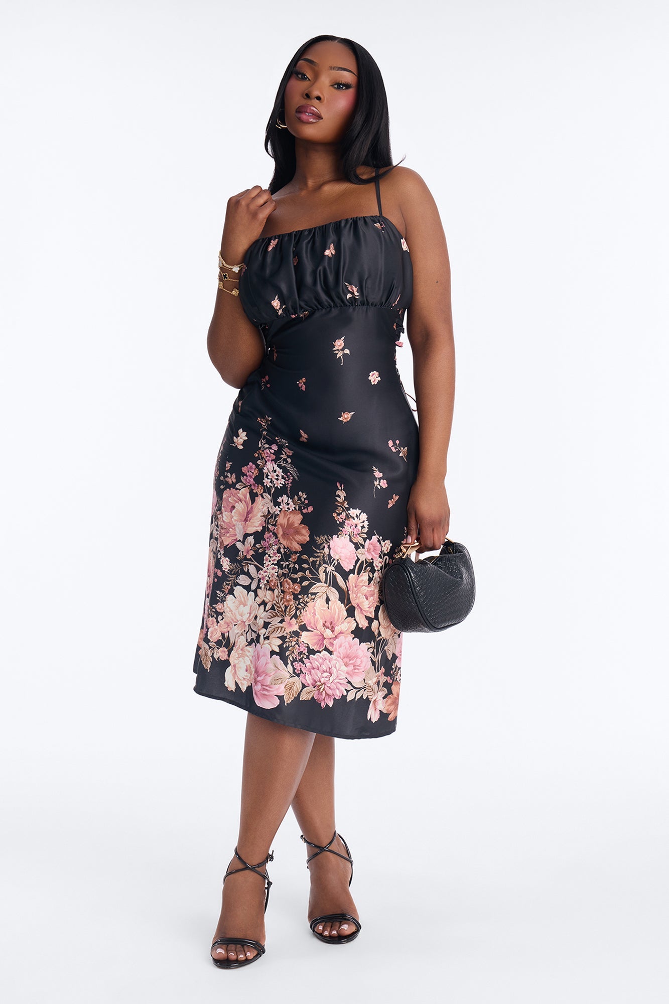 Selene Floral Satin Midi Dress - Black