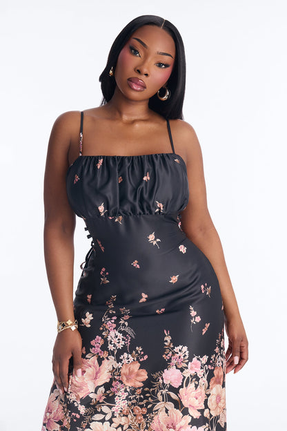 Selene Floral Satin Midi Dress - Black