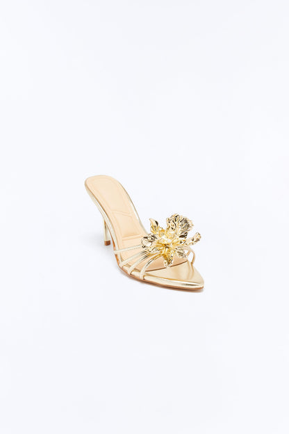 Pansy Hardware Flower Heels - Gold