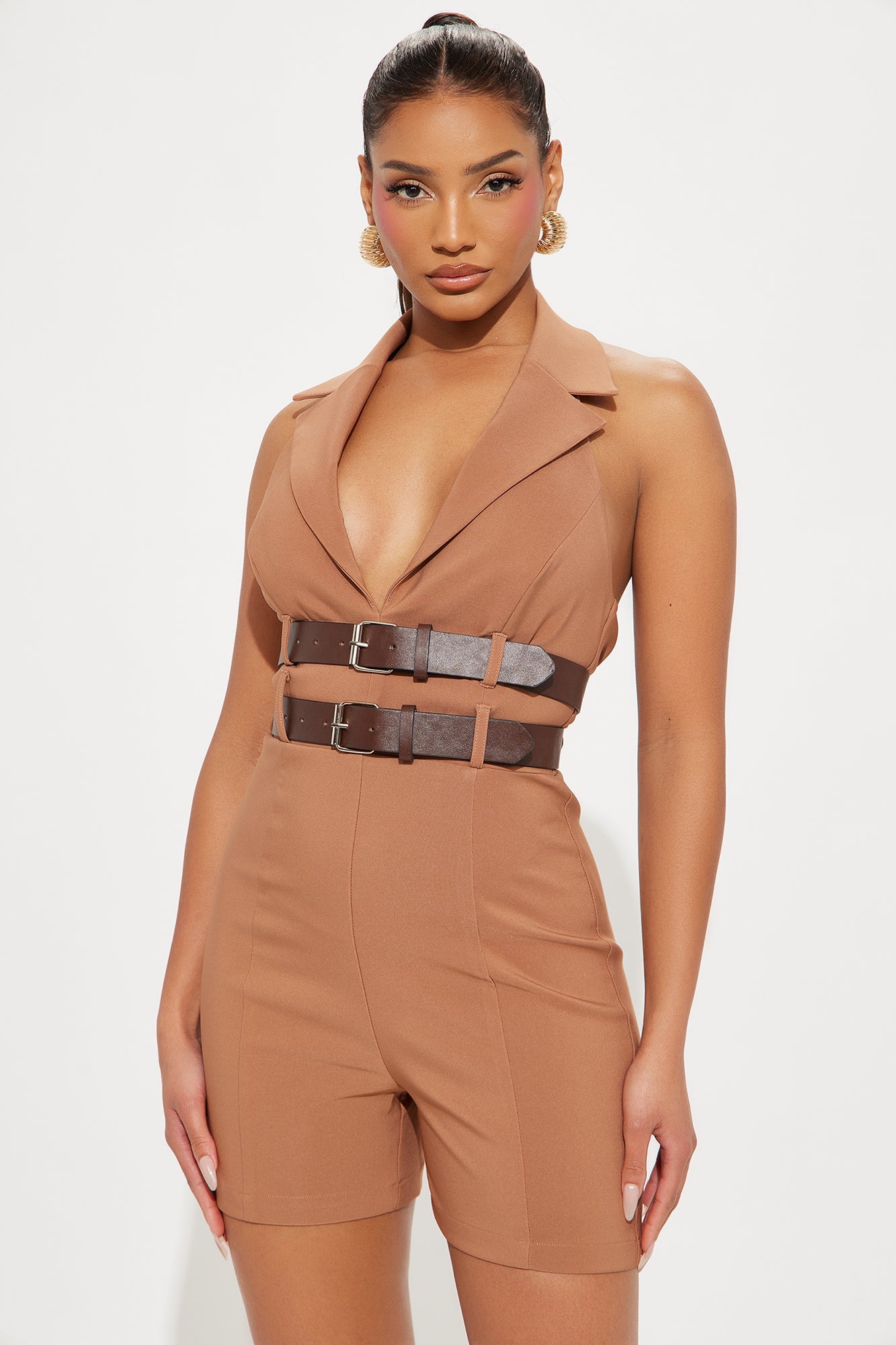 At The Office Belted Romper - Mocha
