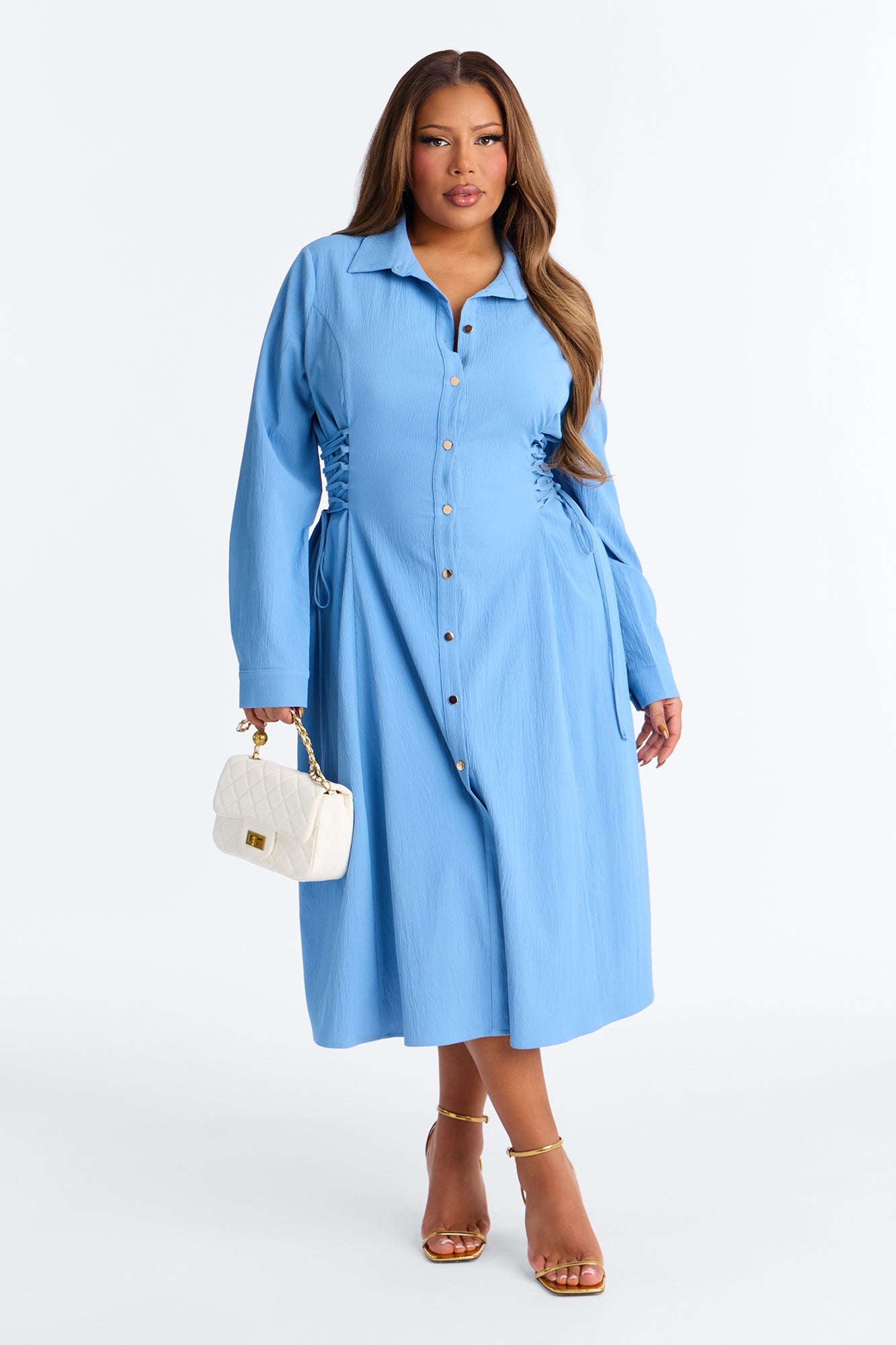 Josephine Collar Long Sleeve Midi Dress - Blue
