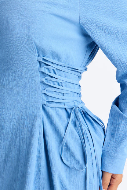 Josephine Collar Long Sleeve Midi Dress - Blue