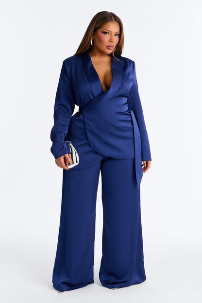 Wrap It Up Satin Blazer Pant Set - Navy