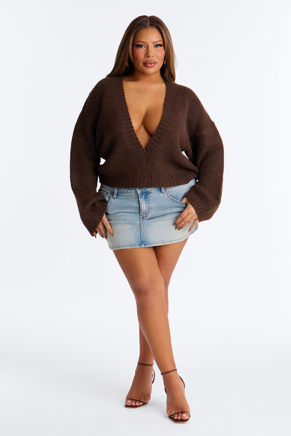 Warm Embrace Oversized V Neck Sweater - Chocolate