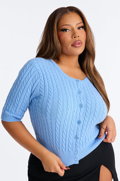 Elowen Short Sleeve Cable Knit Cardigan - Blue