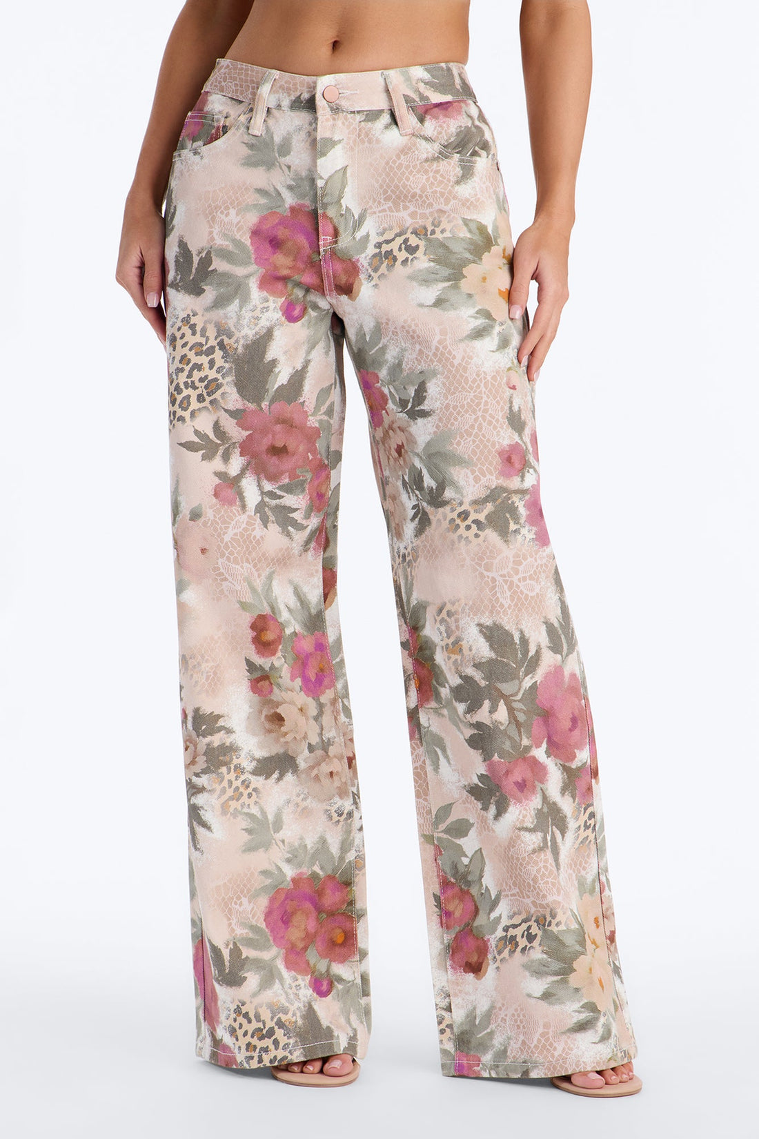 Floral Safari Printed Wide Leg Jeans - Rose/Combo