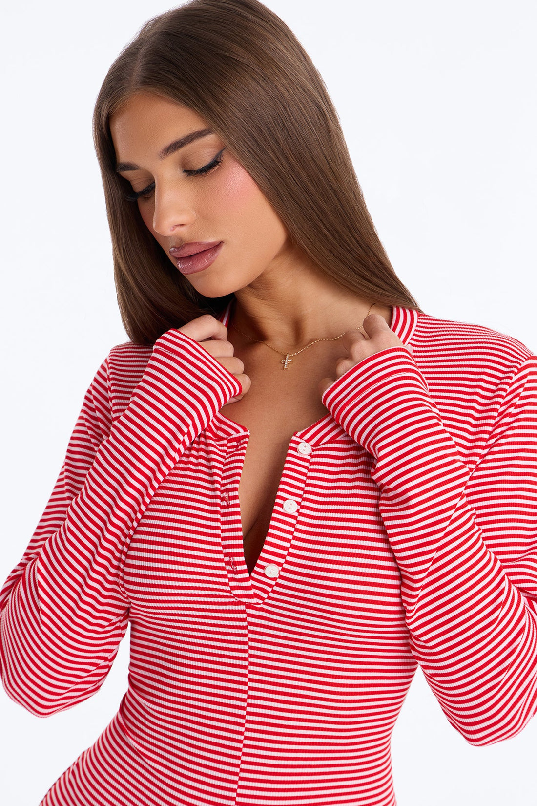 Daily Naps Ribbed Long Sleeve Henley PJ Romper Onesie - Red/White