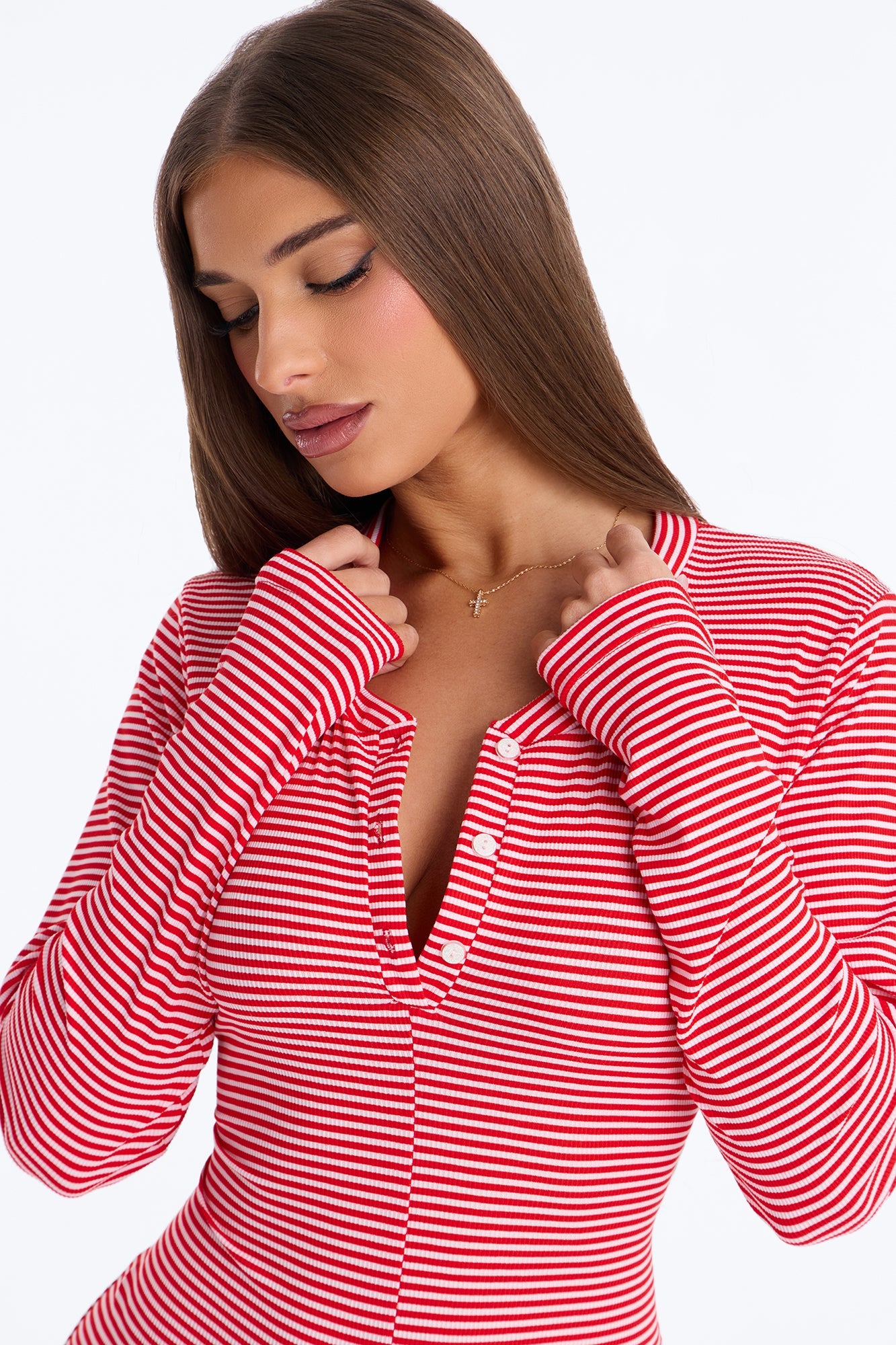 Daily Naps Ribbed Long Sleeve Henley PJ Romper Onesie - Red/White