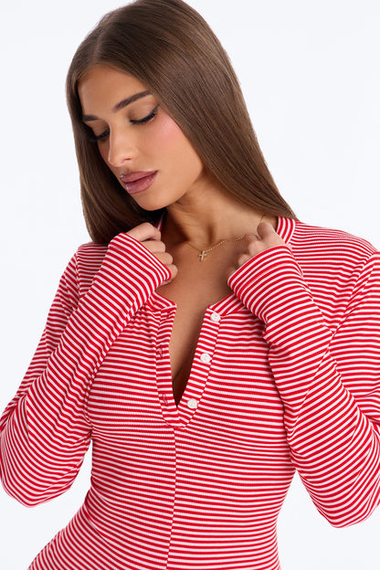 Daily Naps Ribbed Long Sleeve Henley PJ Romper Onesie - Red/White