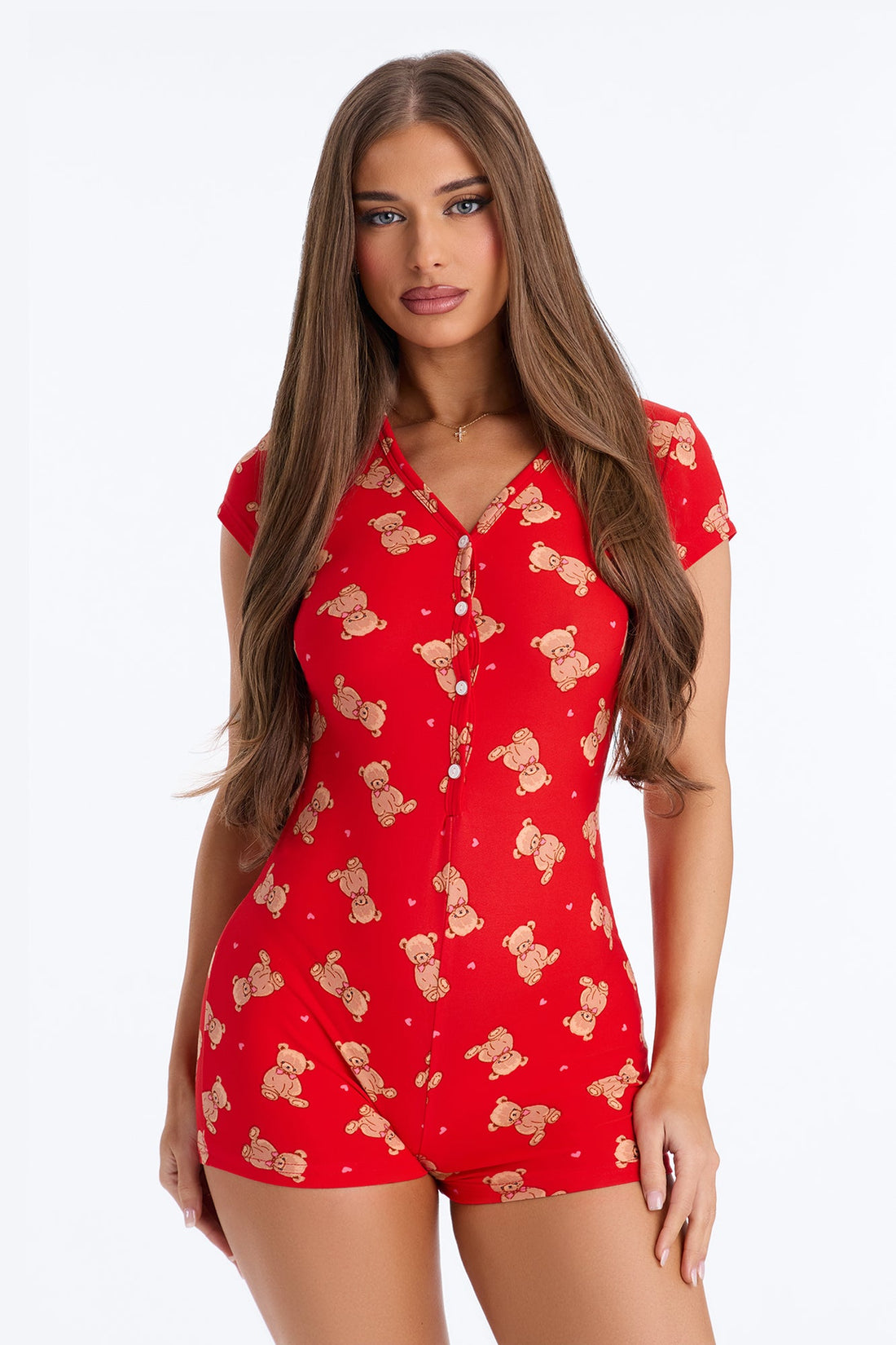 Cutie Bear PJ Romper Onesie - Red/combo