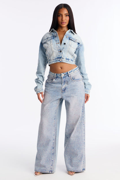 The Heart Wants Rhinestone Denim Trucker Jacket - Light Wash