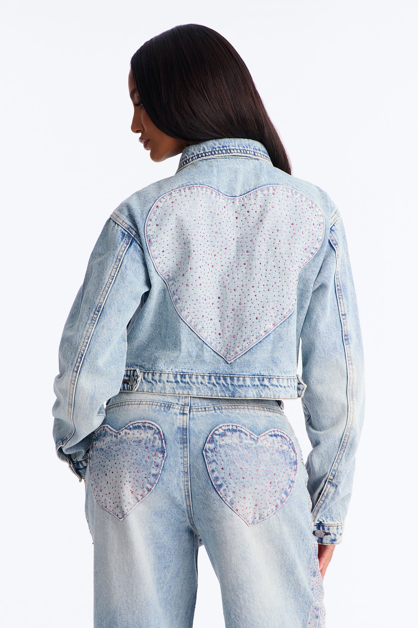 The Heart Wants Rhinestone Denim Trucker Jacket - Light Wash
