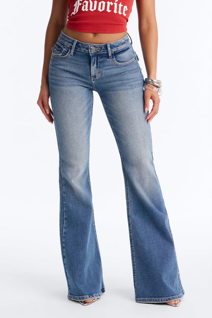 Line Dancer Low Rise Stretch Flare Leg Jeans - Medium Wash